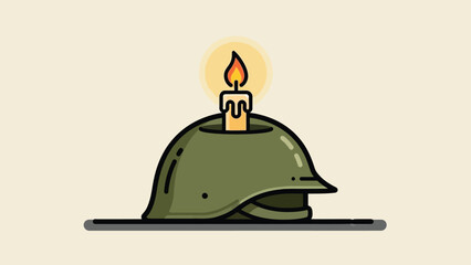 Obraz premium A soldier's helmet bearing a lighted candle conveys quiet tribute and solemn remembrance