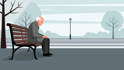 An illustration of a solitary senior man sitting pensively on a park bench
