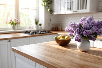 modern kitchen interior with a wooden countertop and white cabinets, sunny daylight, a fruit bowl on the table, a close-up of the countertop with a stove in the background,