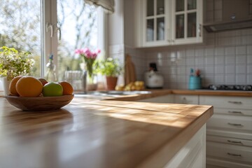 modern kitchen interior with a wooden countertop and white cabinets, sunny daylight, a fruit bowl on the table, a close-up of the countertop with a stove in the background,