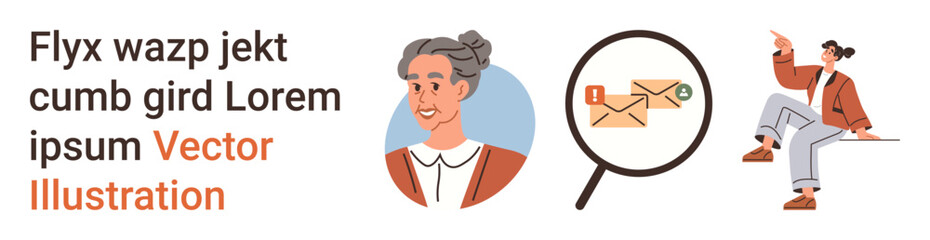 Communication, education, teamwork, visualization, correspondence, and digital tools. Woman portrait, email icons and a person pointing. Communication and correspondence concepts