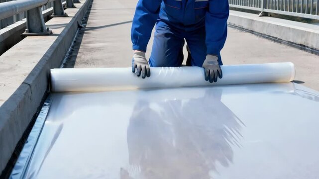 Medium shot of a technician installing a polyethylene membrane on a bridge deck emphasizing flexible and effective waterproofing.