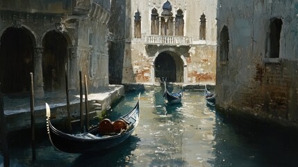 Venetian canal scene with gondolas