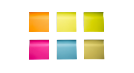 Colorful sticky notes arranged in a grid, isolated on transparent background