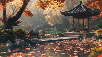 Autumnal Asian Garden Pavilion