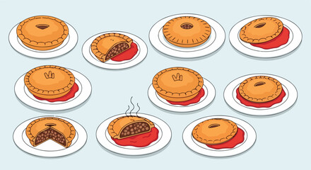 Assorted pies on plates for dessert or bakery