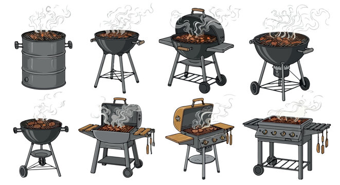 Various barbecue grills cooking meat outdoors