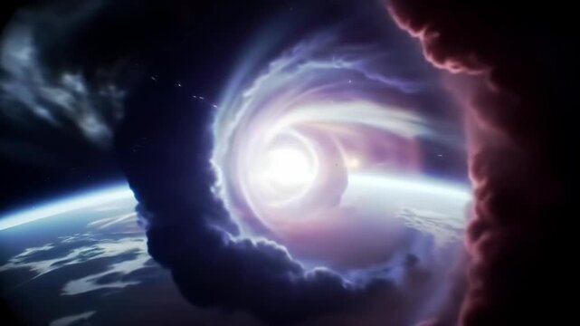 Atmospheric scene showcasing a swirling, dark cloud funnel and powerful lightning strikes above a planet