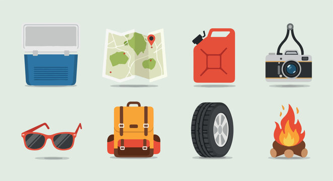 Camping gear icons set for outdoor adventure