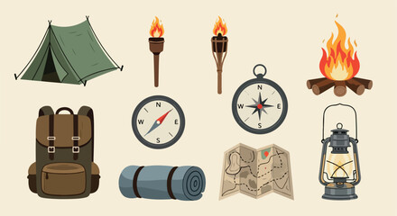 Camping gear icons set with transparent background