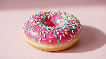 A strawberry frosted donut decorated with pink icing and colorful sprinkles on a pastel background.