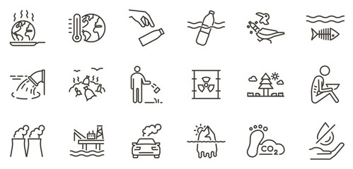 Environmental pollution, global warming and climate crisis line icons. Plastic waste, CO2 emissions and ocean contamination vector symbols. Ecology problems editable stroke outline icon set.