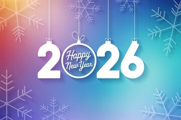 Colorful Gradient Background with Snowflakes and 2026 New Year Baubles Design for Greeting Cards and Celebration Invitations