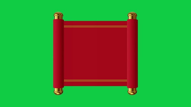 Golden and red Chinese parchment is opening on green background. Animated chinese scroll