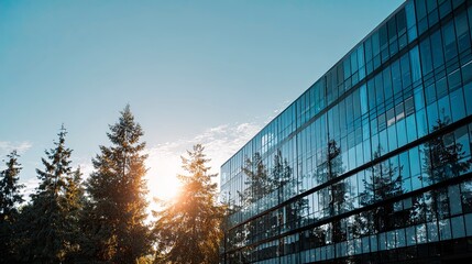 Modern office building with glass curtain wall at sunset