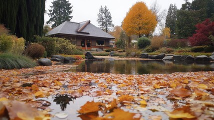 Autumnal Japanese garden scene with a tranquil pond and a traditional house