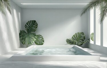 Serene empty white pool with crystal clear water in modern minimalist setting