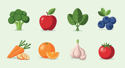 Healthy fruits and vegetables collection with transparent background