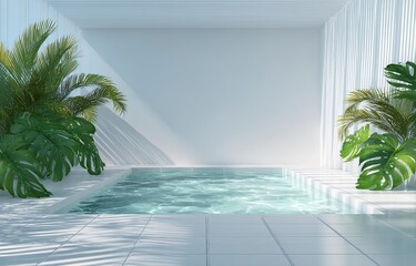 Serene empty white pool with clear water and tropical ambiance