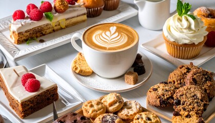 Coffee cup with beautiful latte art, surrounded by a selection of cakes, muffins, and cookies on a light table.
