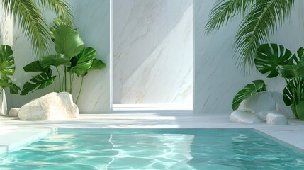 Empty white pool with water in modern tropical setting