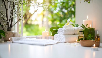Luxury spa wellness concept with fresh white towels, essential oils, and burning candles in a natural setting by a window.
