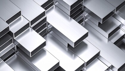 Shiny aluminum rectangular hollow profiles arranged in a modern geometric pattern, creating an abstract industrial background.