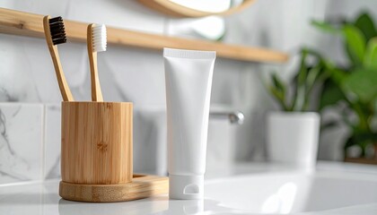 Eco-friendly bamboo toothbrushes with white toothpaste tube on modern bathroom counter
