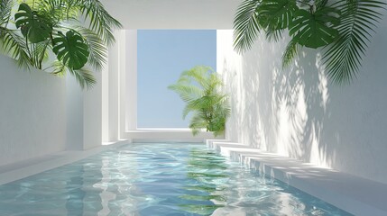 Empty white pool with water in modern tropical setting