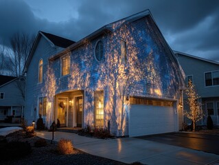 Fototapeta premium Evening Exterior of Home with Light Reflections and Festive Atmosphere