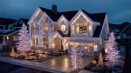 Beautifully Decorated House with Christmas Lights in Evening Setting