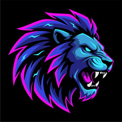 Neon Blue Lion Mascot Logo with Purple Highlights
