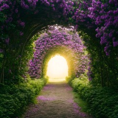 Fototapeta premium Blooming flower tunnel pathway to golden light