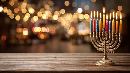 a beautiful hanukkah scene. the background is an abstract blur of lights and bokeh, creating a warm atmosphere that enhances the festive mood of muted colors.
