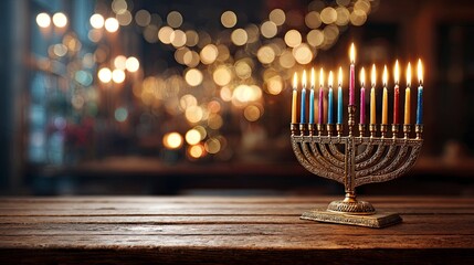 a beautiful hanukkah scene. the background is an abstract blur of lights and bokeh, creating a warm atmosphere that enhances the festive mood of muted colors.