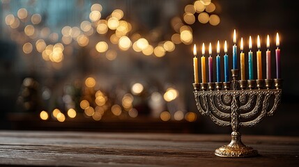 a beautiful hanukkah scene. the background is an abstract blur of lights and bokeh, creating a warm atmosphere that enhances the festive mood of muted colors.