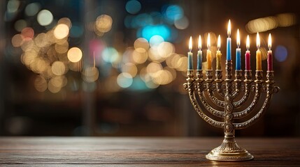 a beautiful hanukkah scene. the background is an abstract blur of lights and bokeh, creating a warm atmosphere that enhances the festive mood of muted colors.