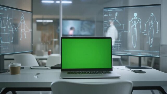 Laptop with green screen in modern office workspace featuring design monitors