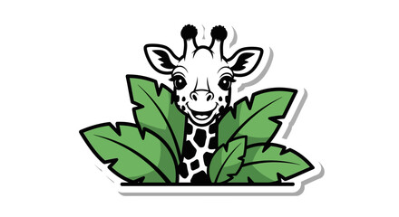 Adorable giraffe cartoon character hiding behind lush green tropical leaves illustration
