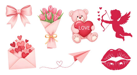 Cute collection of watercolor graphics including a bow, tulip bouquet, teddy bear with heart, cupid silhouette, envelope, and kiss lips.