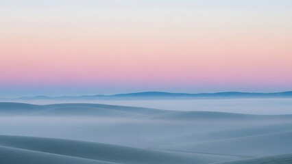 Serene pastel sky over misty rolling hills at dawn, creating a tranquil and ethereal landscape with soft light and a gentle gradient of colors