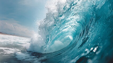 Crashing ocean wave with blue water and white foam
