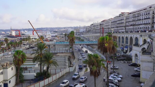 Alger the capital city of Algeria, North Africa, city centre of Algiers, the capital of Algeria, Landscape of Algiers city With port and mediterranean sea and white buildings, Arab Maghreb Africa.
