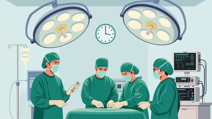 Professional Surgical Team Performing Operation in Modern Operating Room - Vector Illustration