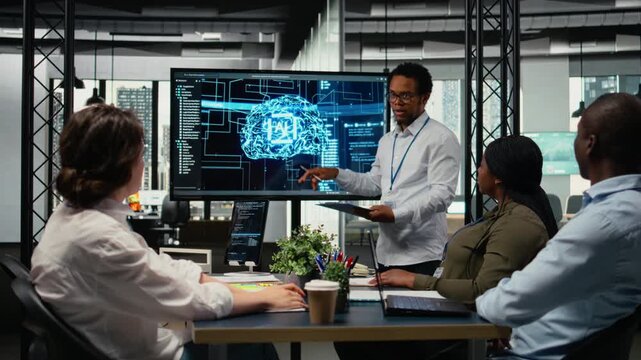 Screen used by admin in office to show presentation on optimizing company systems performance. Worker in startup office uses display to do keynote speech on artificial intelligence, camera A