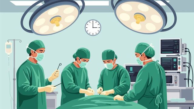 Professional Surgical Team Performing Operation in Modern Operating Room - Vector Illustration