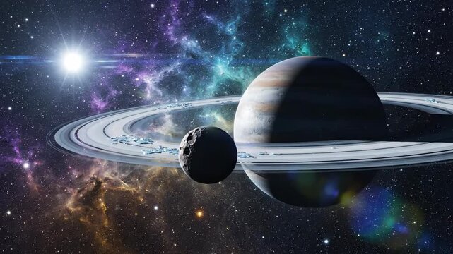 Cosmic tableau A ringed planet and cratered moon hover against a backdrop of vibrant nebulae and twinkling stars