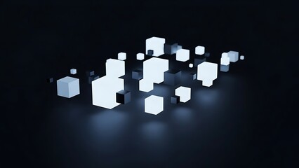 Abstract glowing and dark geometric cubes floating in a minimalist dark space, symbolizing interconnected data, digital networks, or futuristic technological concepts