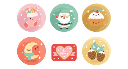 Obraz premium Holiday Cheer Badges Icons Sticker Set – 6 Isolated PNG Icons Stocking, Santa, Mince Pie, Moon, Cookie & Pine Cones Icons