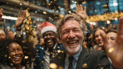 Cheerful group of diverse people celebrating at festive indoor party with golden confetti, holiday lights, concept of christmas and new year